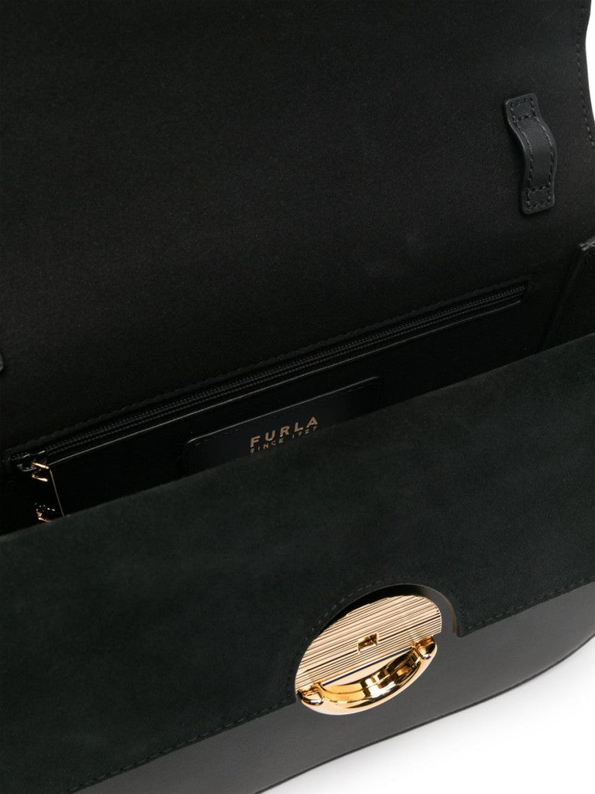 Furla Smooth Black Calf Leather Foldover Top Bag
