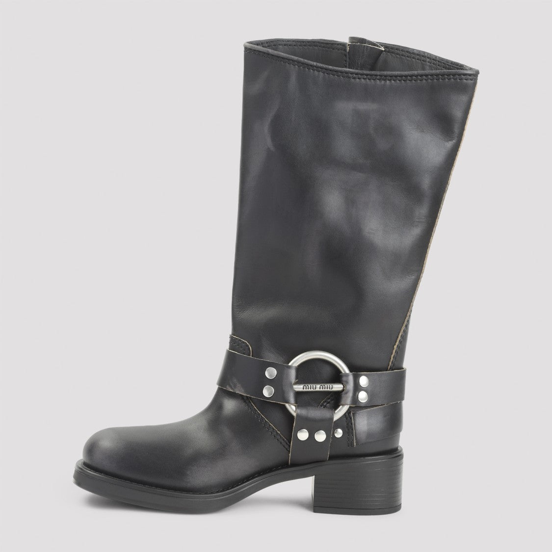 Miu Miu Tall Black Leather Boots With Adjustable Silver Buckles