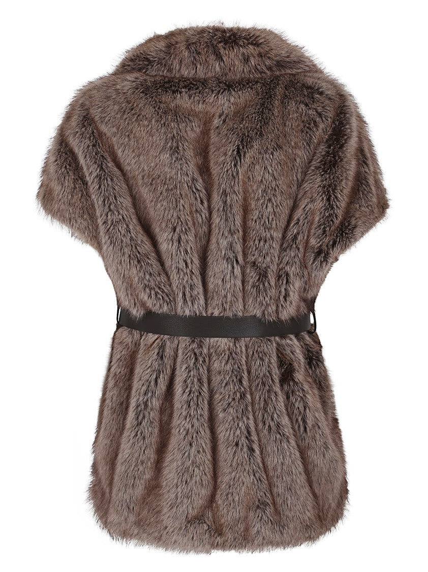 Parosh Faux Fur Vest With Lapel Collar And Tone-On-Tone Belt