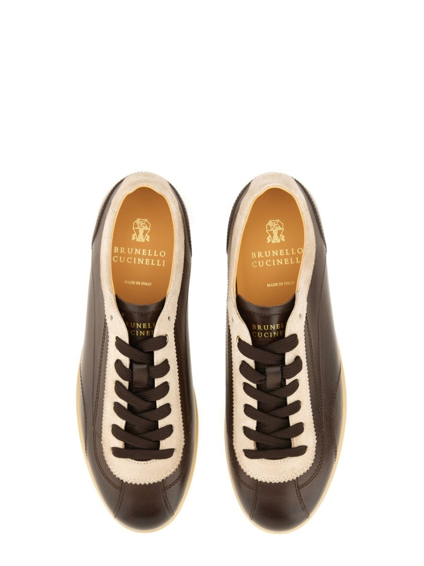 Brunello Cucinelli Low-Profile Leather Sneaker With Suede Accents