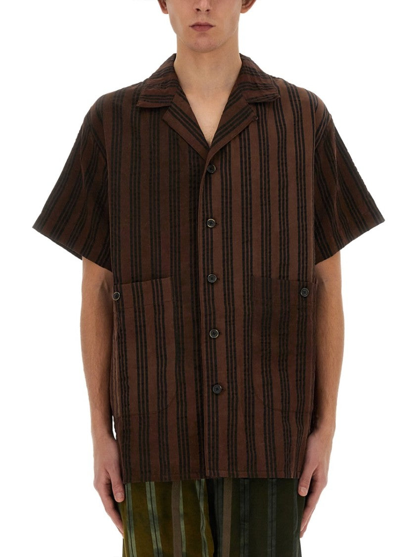 Uma Wang Striped Shirt With Oversized Collar And Textured Fabric