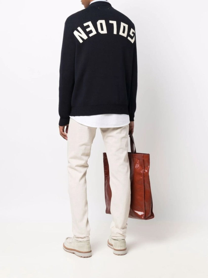 Golden Goose Dark Blue Ribbed Knit Sweater With Logo Patch