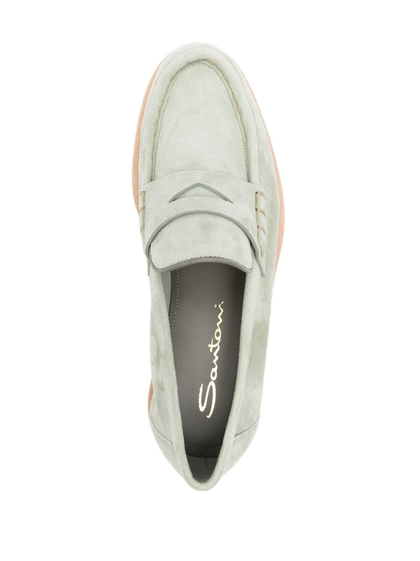 Santoni Classic Penny Loafers In Green Suede