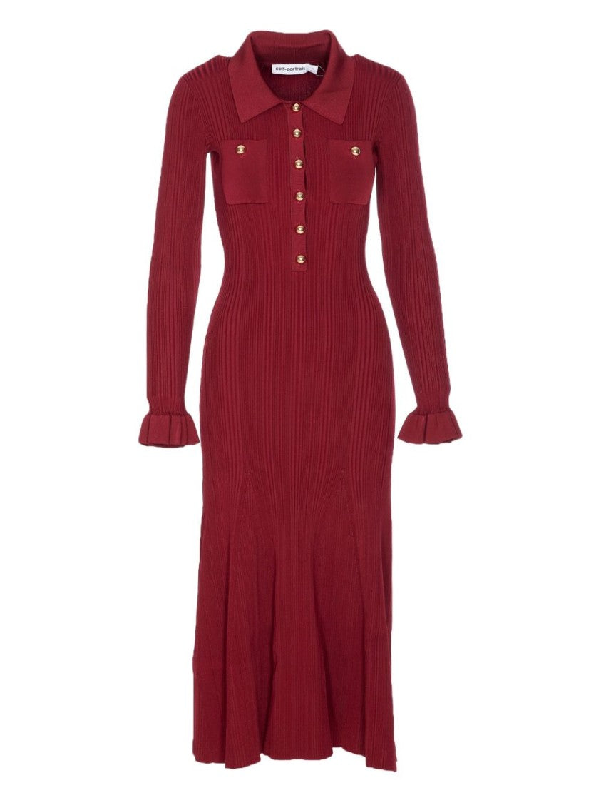 Self-Portrait Burgundy Ribbed Knit Midi Dress With Ruffled Cuffs