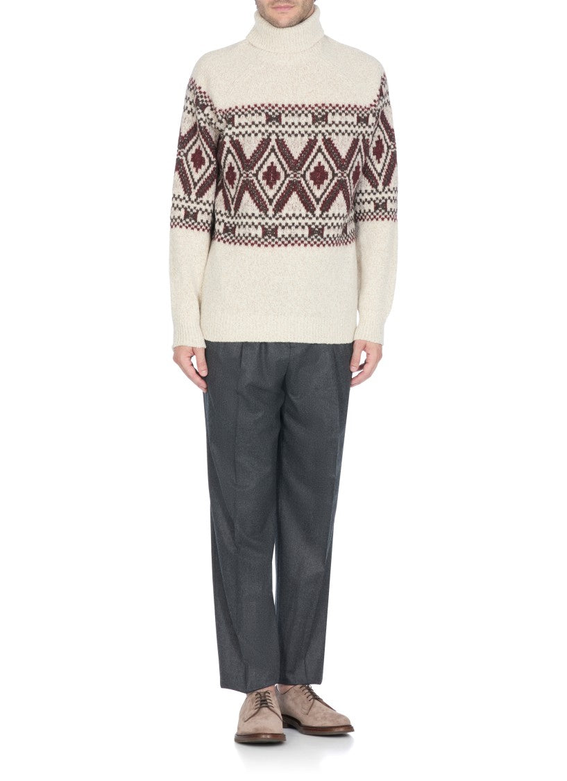 Brunello Cucinelli High Neck Beige Wool And Silk Sweater