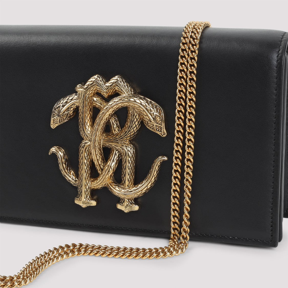 Roberto Cavalli Black Leather Shoulder Bag With Gold Emblem