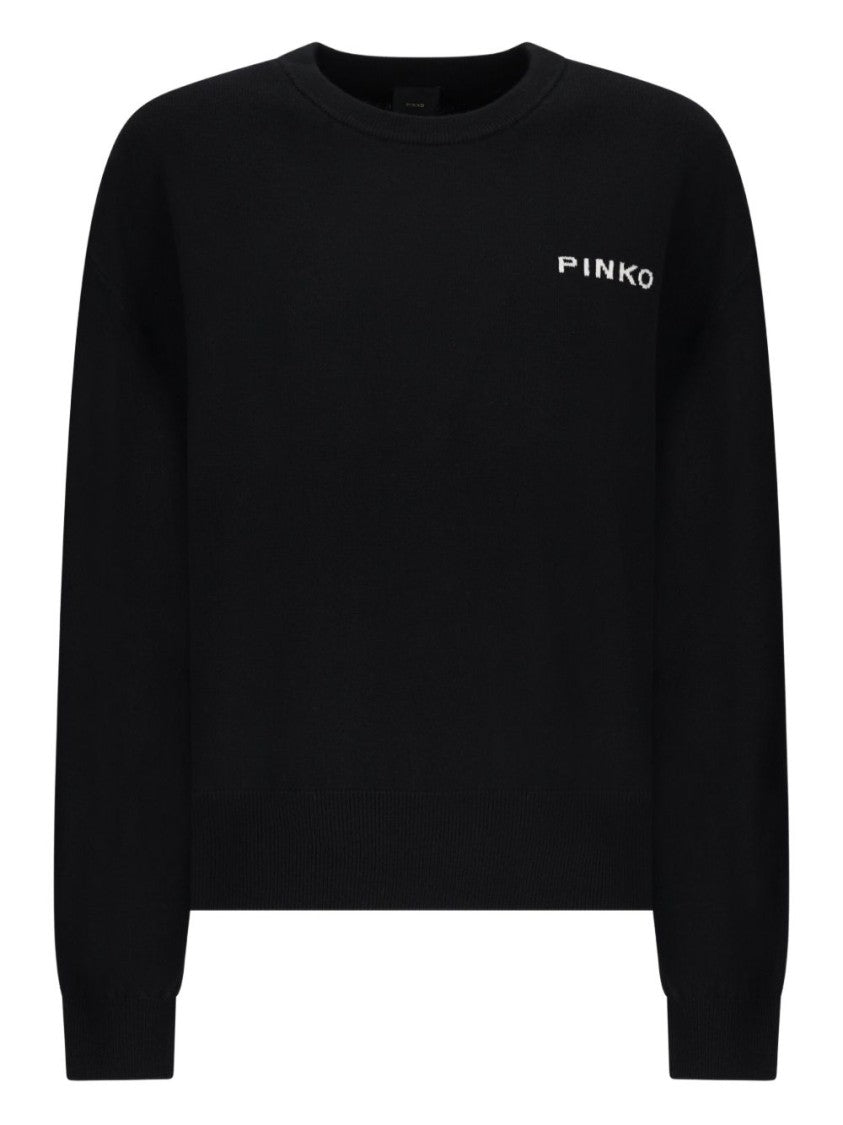 Pinko Love Bird Motif Black Sweater With Round Neck And Long Sleeves