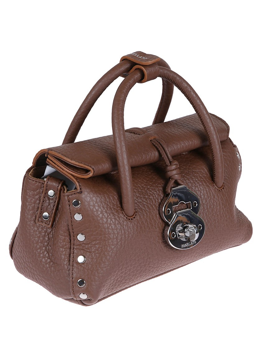 Zanellato Hammered Leather Shoulder Bag With Twist Lock And Studded Accents