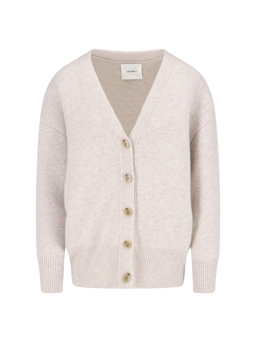 Lisa Yang Soft Beige Knit Cardigan With V-Neckline And Button Closure