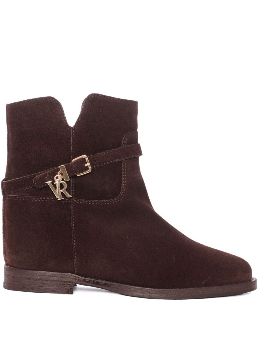 Via Roma 15 Dark Brown Suede Ankle Boots With Decorative Strap And Gold-Tone Accents