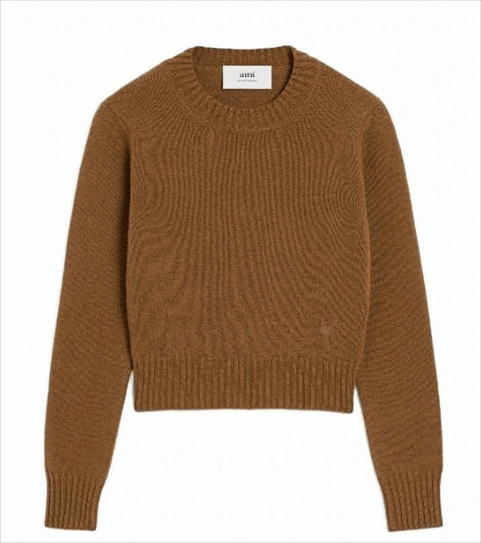 Ami Cropped Brown Cashmere Blend Sweater With Heart Detail