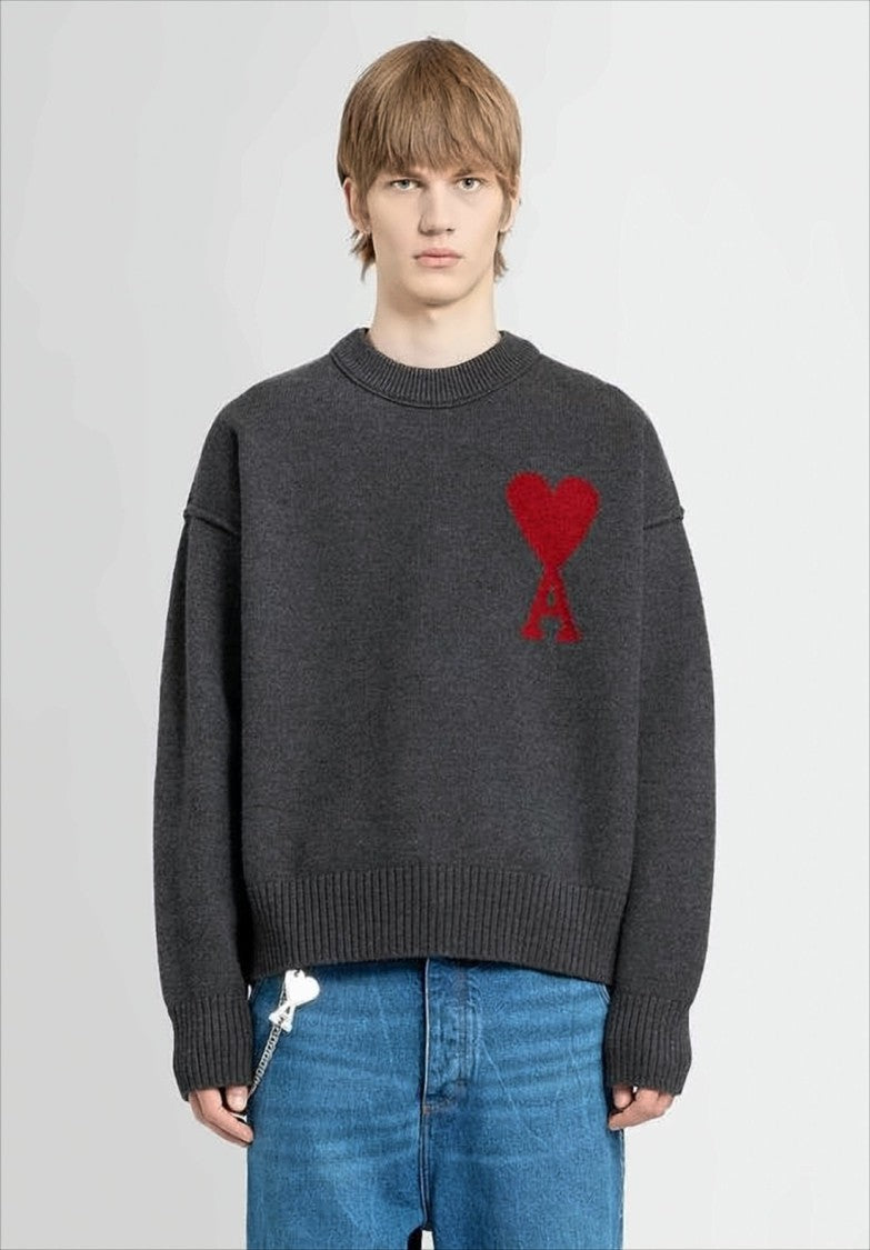 Ami Relaxed Fit Grey Wool Sweater With Heart Emblem