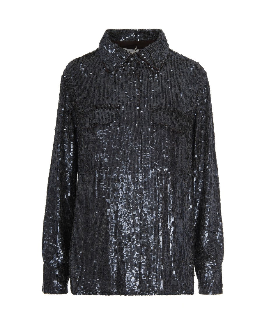 P.A.R.O.S.H. Sequined Black Shirt With Classic Collar And Flap Pockets