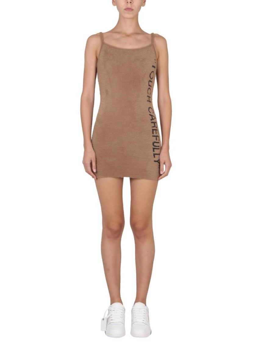 Off-White Fuzzy Mini Dress With Round Neckline