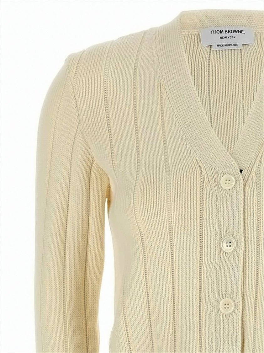 Thom Browne Ribbed Knit Cardigan With Cropped Silhouette And Iconic Stripe Accents