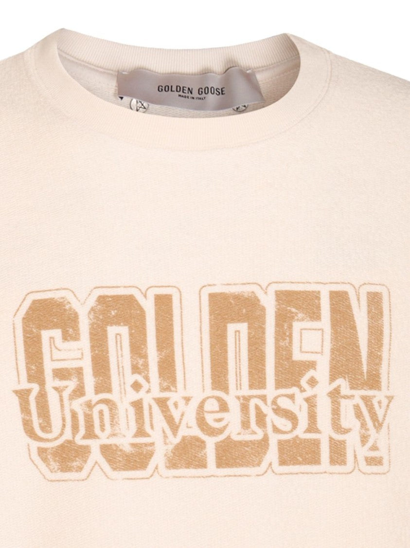 Golden Goose Cream Sweater With Bold Text Design And Contrast Stripes