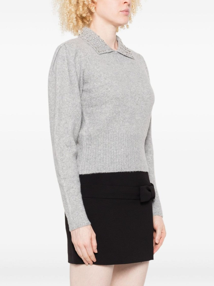 Twin-Set Light Grey Sweater With Crystal Embellished Collar And Ribbed Hem