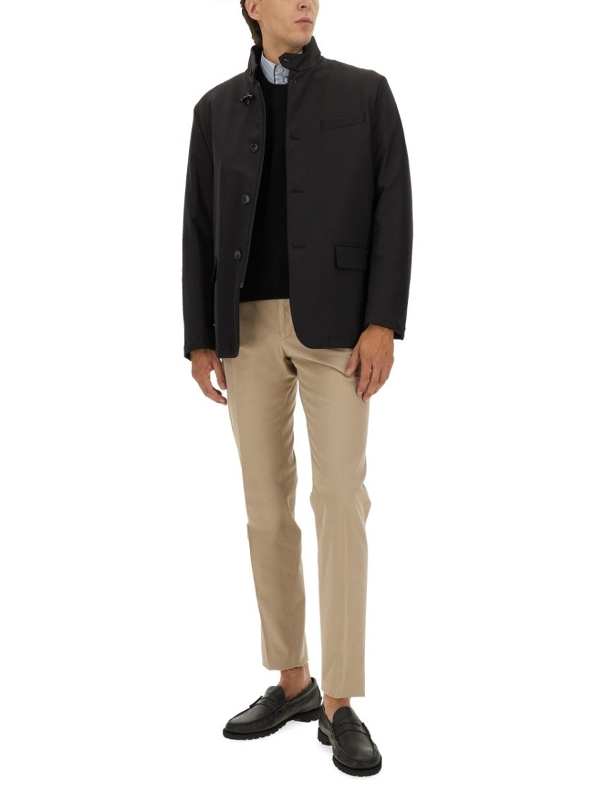 Fay High Collar Jacket With Unique Hook Closure And Flap Pockets