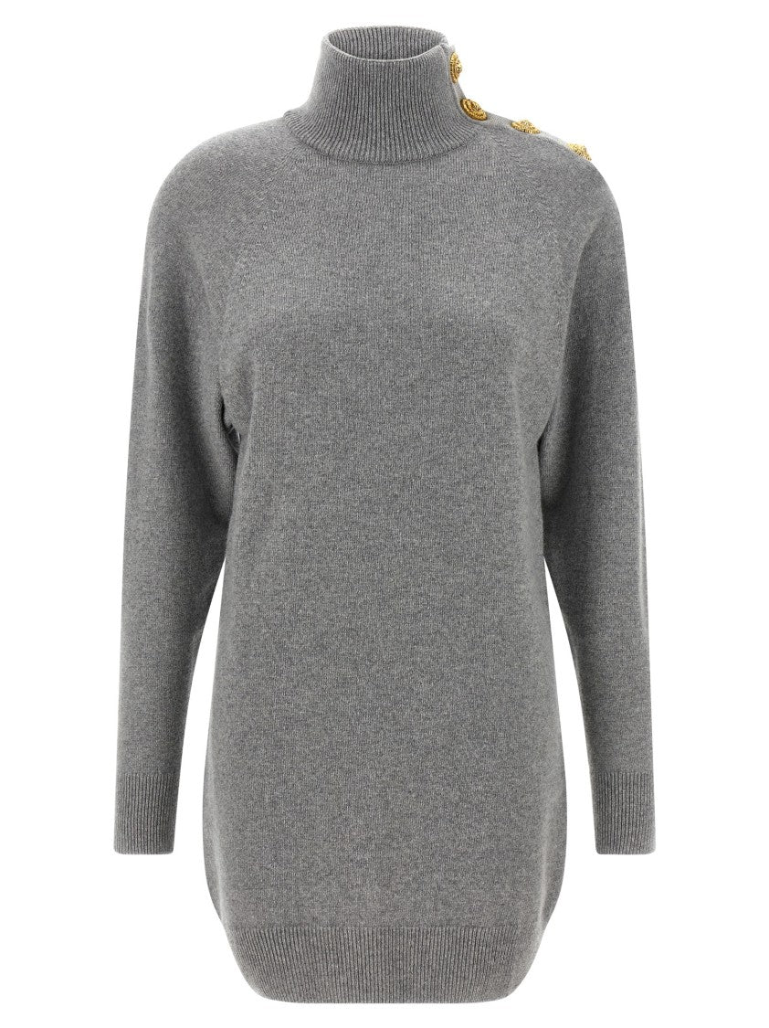 Balmain Mini Dress With High Neck And Lion Head Button Detail