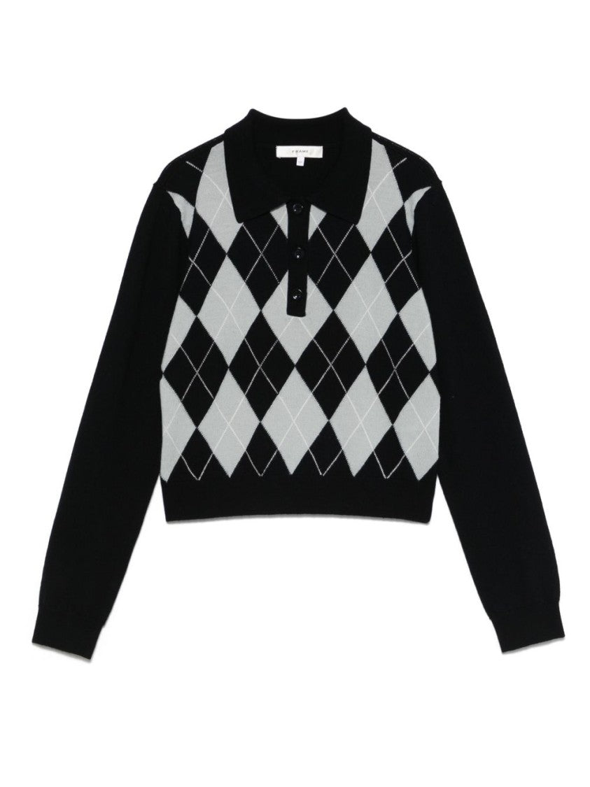 Frame Navy Blue Wool Blend Argyle Polo Shirt