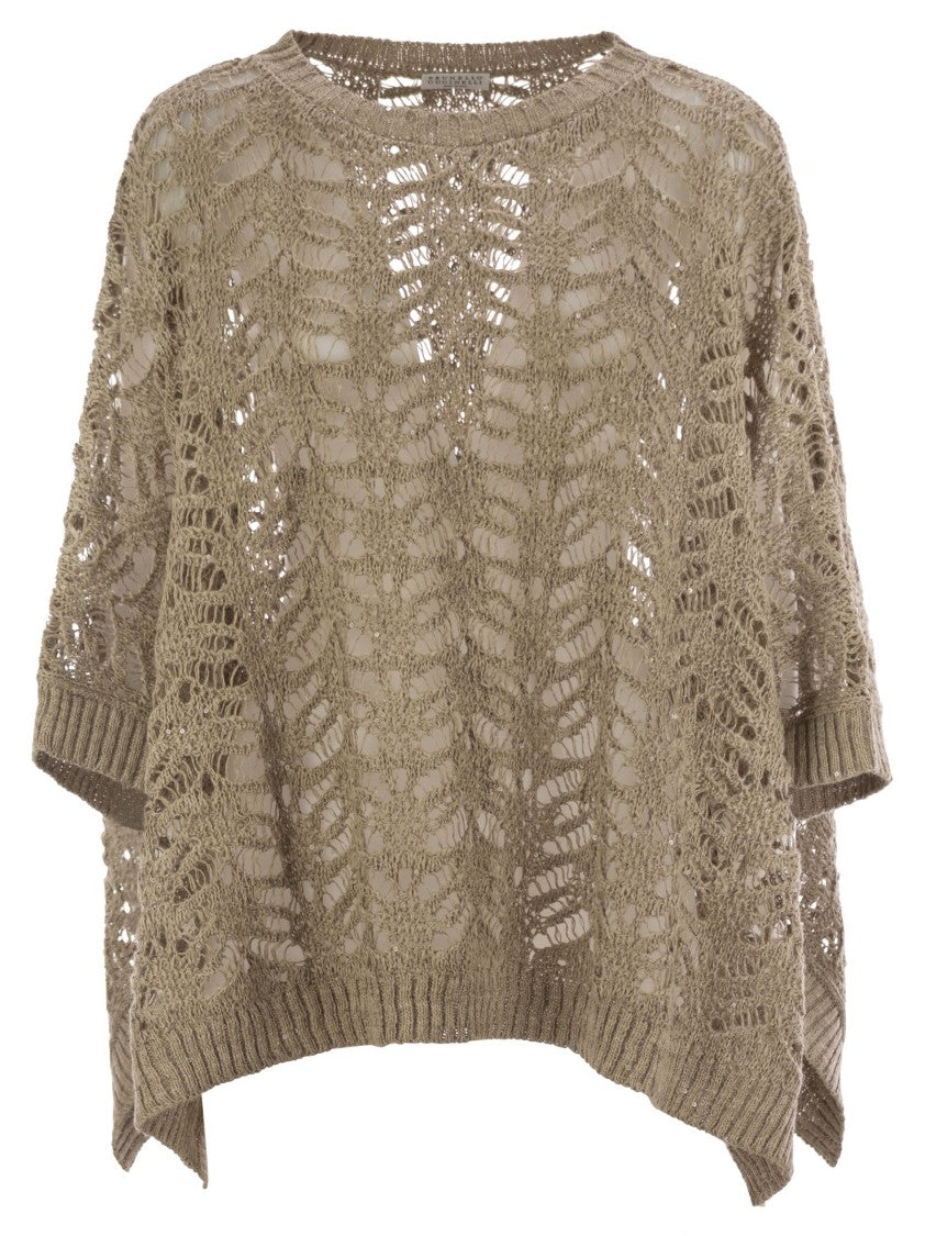 Brunello Cucinelli Foliage Lace Knitted Poncho In Linen
