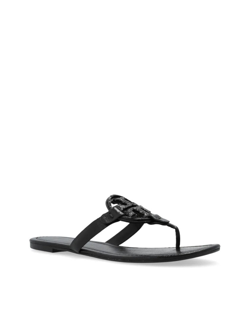 Tory Burch Black Leather Sandals With Signature Logo Strap