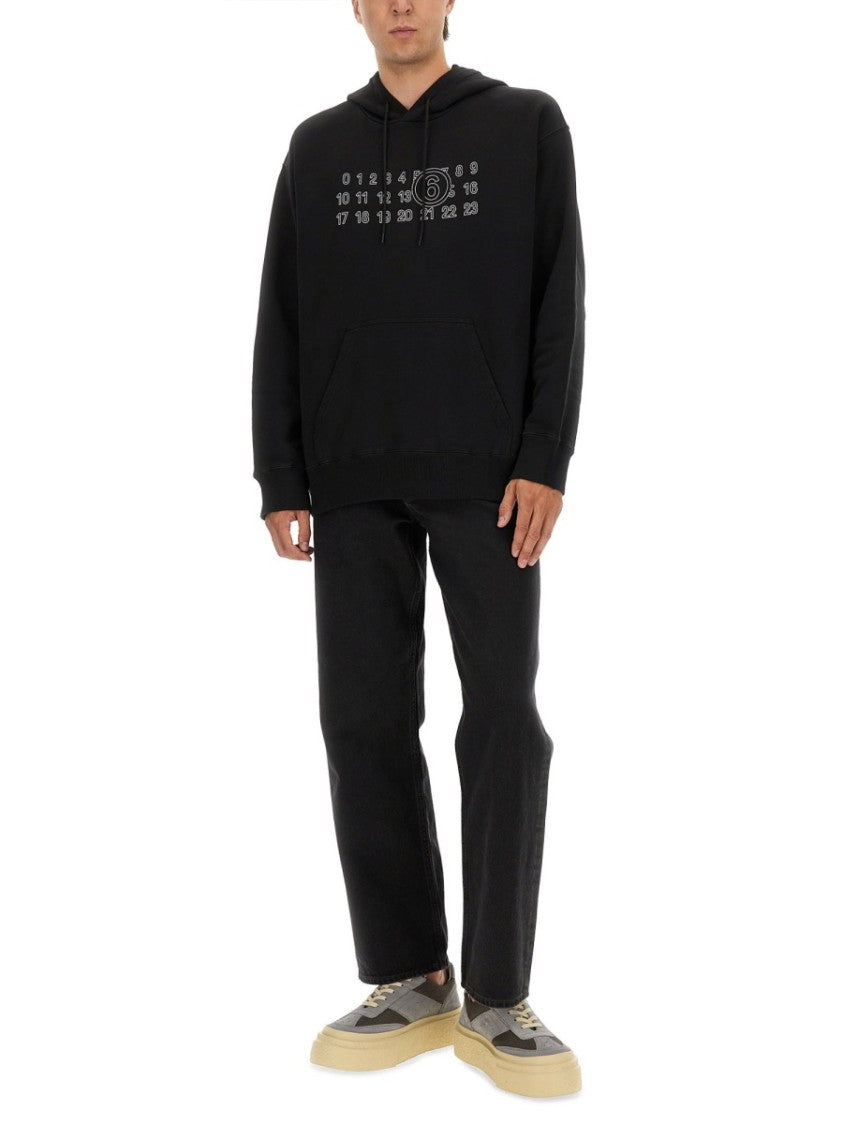 Mm6 By Maison Margiela Numeric Print Black Hoodie With Front Kangaroo Pocket