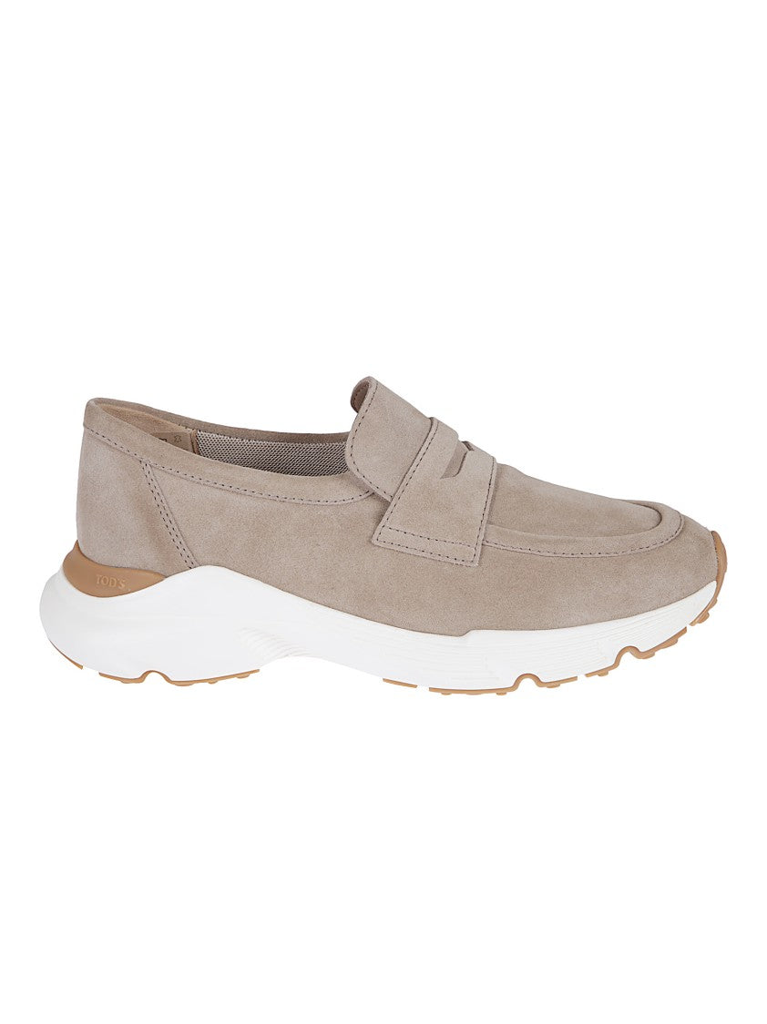 Tod's Beige Suede Loafer Sneakers With Iconic Logo Detail