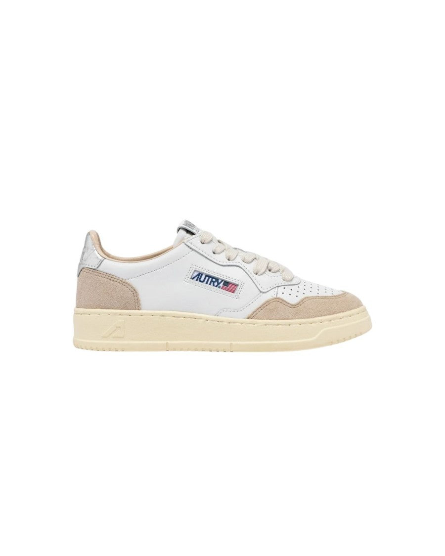 Autry Medalist Low Sneakers In White, Silver, And Beige Suede