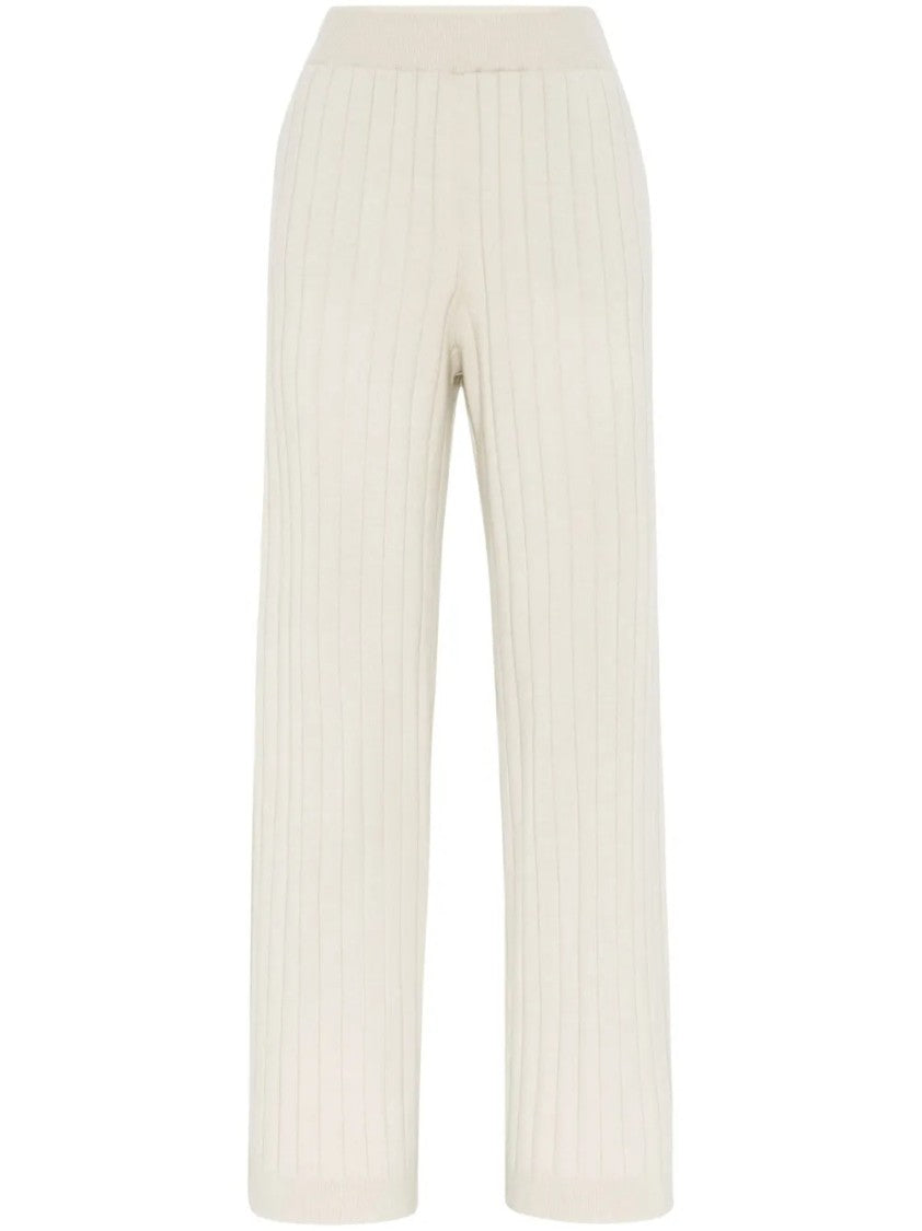 Brunello Cucinelli Wide-Leg Beige Trousers With Ribbed Knit Texture