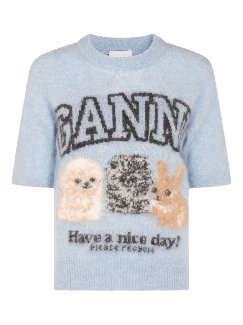 Ganni Short-Sleeve Knit Top With Playful Motifs