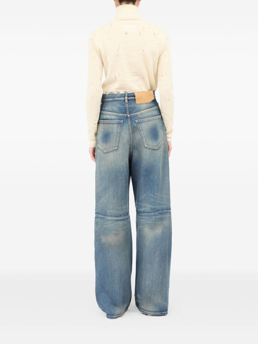 Mm6 By Maison Margiela High-Waisted Wide Leg Jeans With Frayed Waistband