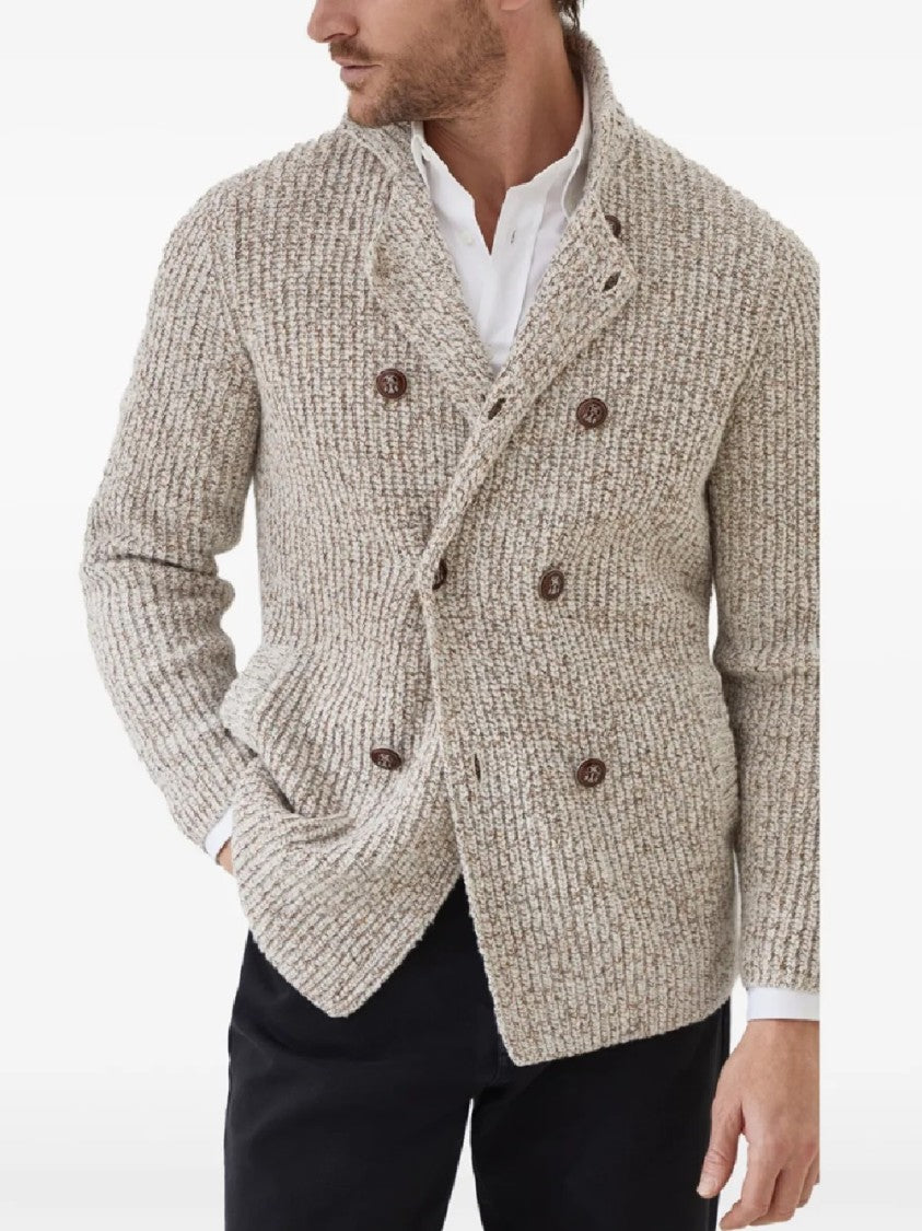 Brunello Cucinelli Textured Knit Double-Breasted Jacket With High Collar