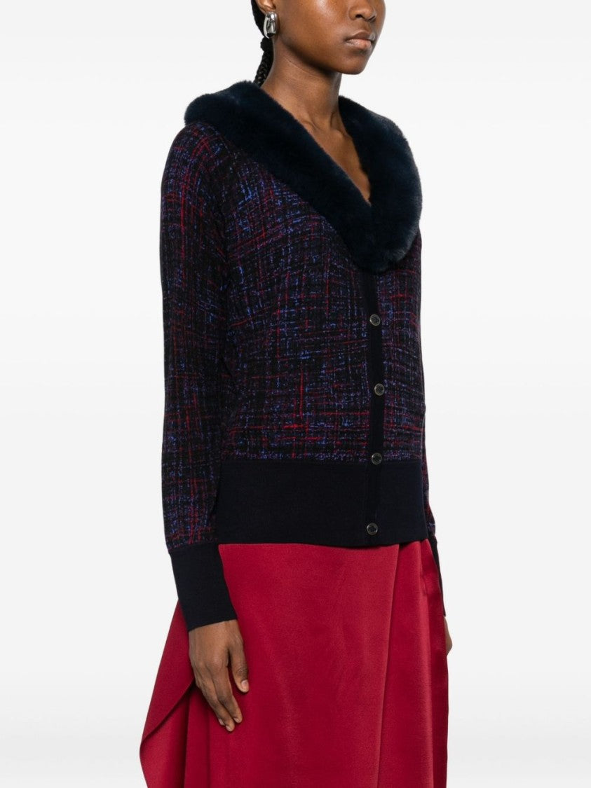 Blugirl Multicolored Tweed Cardigan With Plush Fur Collar