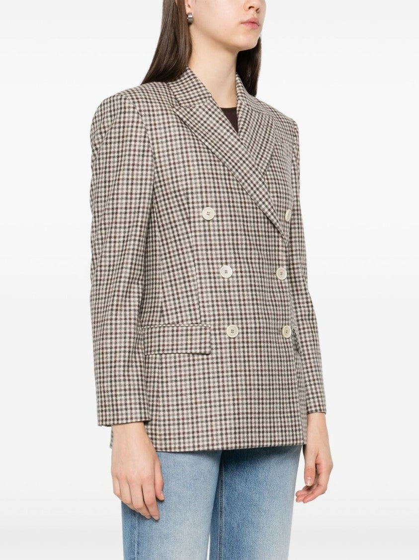 Brunello Cucinelli Beige Checkered Wool Blazer With Double-Breasted Front