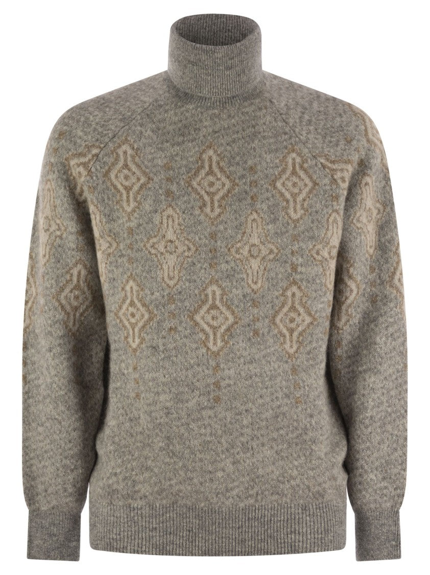 Brunello Cucinelli Geometric Jacquard Turtleneck Sweater In Alpaca, Cotton
