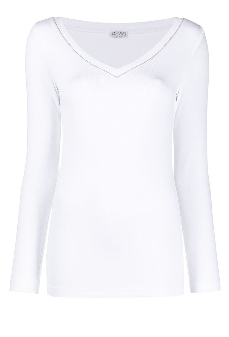 Brunello Cucinelli Fitted Long-Sleeved Top With V-Neckline And Fabric
