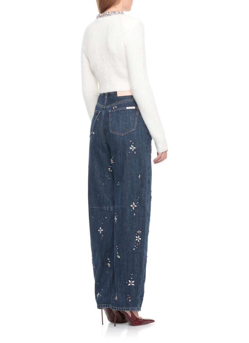 Self-Portrait Cropped Ivory Cardigan With Multicolored Strass Embellishments