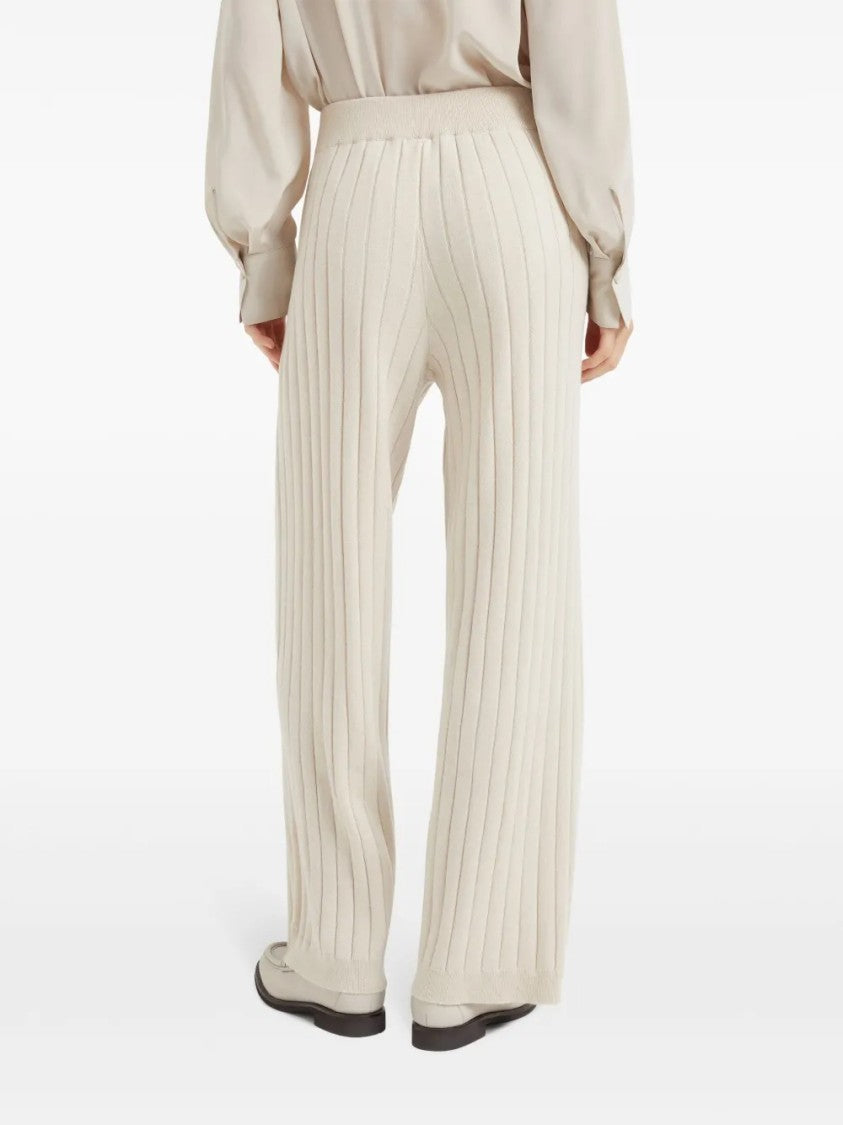 Brunello Cucinelli Wide-Leg Beige Trousers With Ribbed Knit Texture