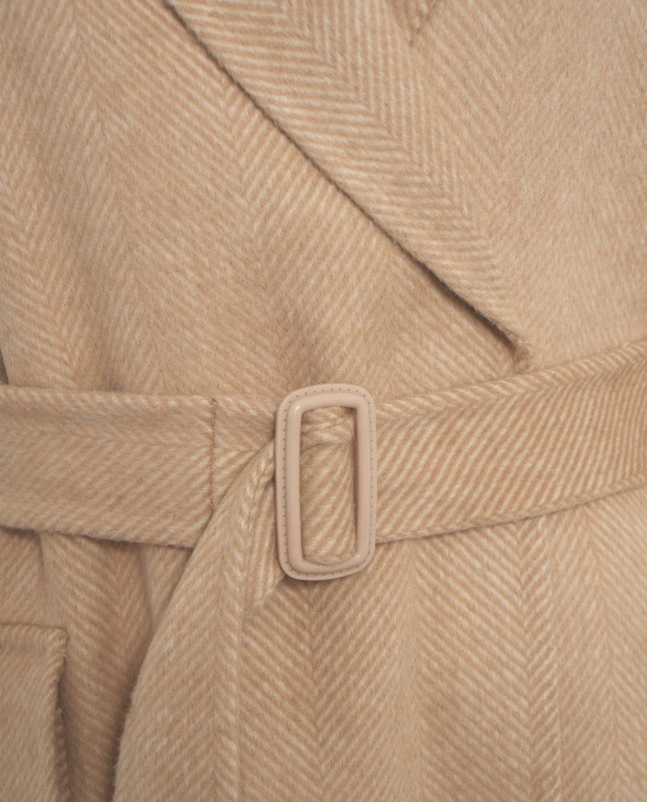 Ottod'ame Beige Long Coat With Classic Notched Collar And Waist Tie