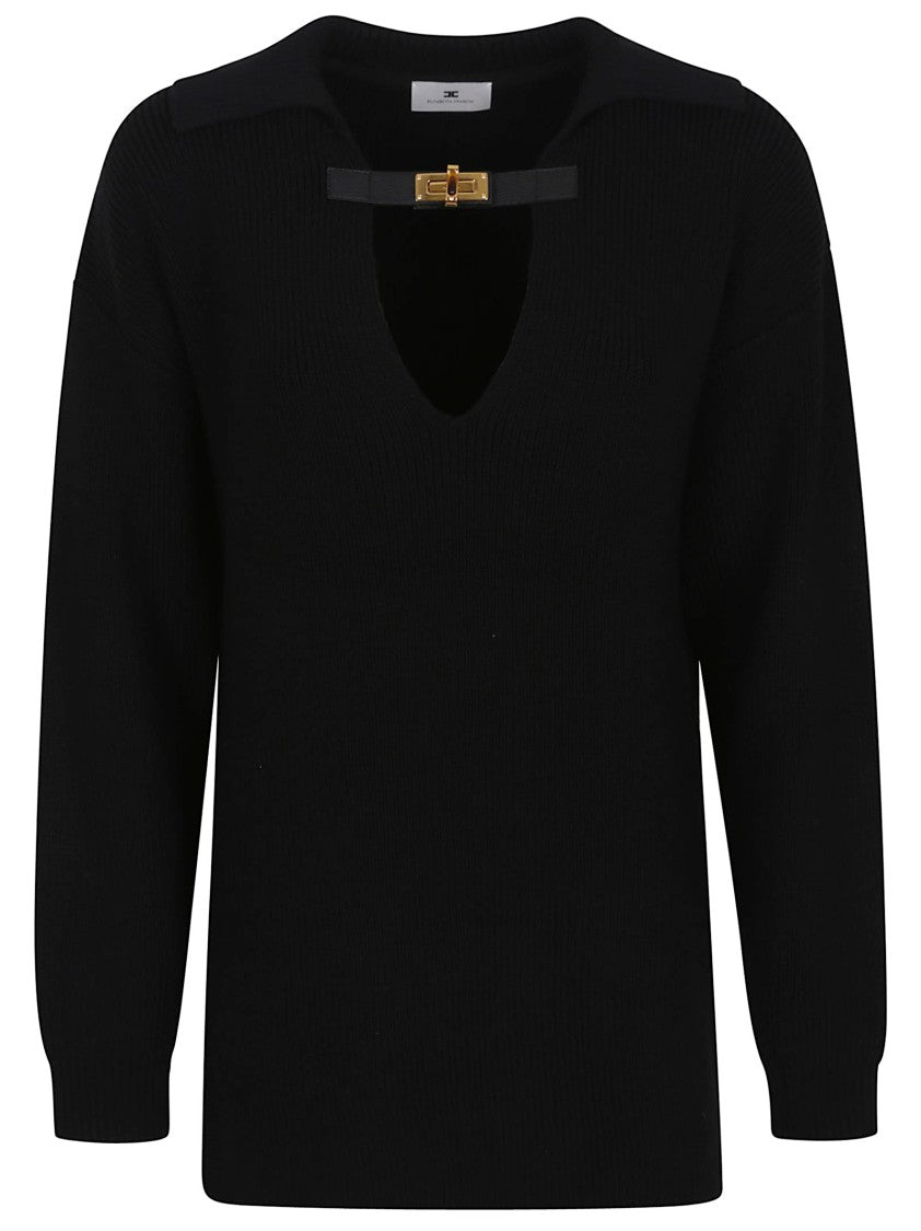 Elisabetta Franchi Wool Blend Sweater With Wide V-Neck And Amber Detail