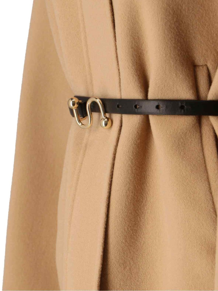 Sportmax Brown Draped Wool Caban With Hidden Zip Closure And Leather Belt
