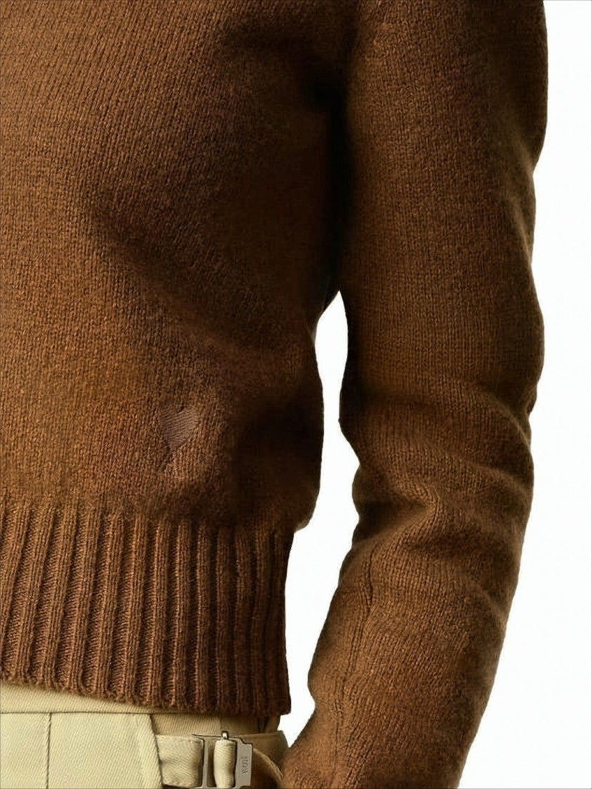 Ami Cropped Brown Cashmere Blend Sweater With Heart Detail