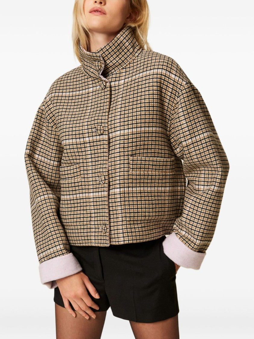 Twin-Set Boxy Cropped Jacket With Checked Pattern