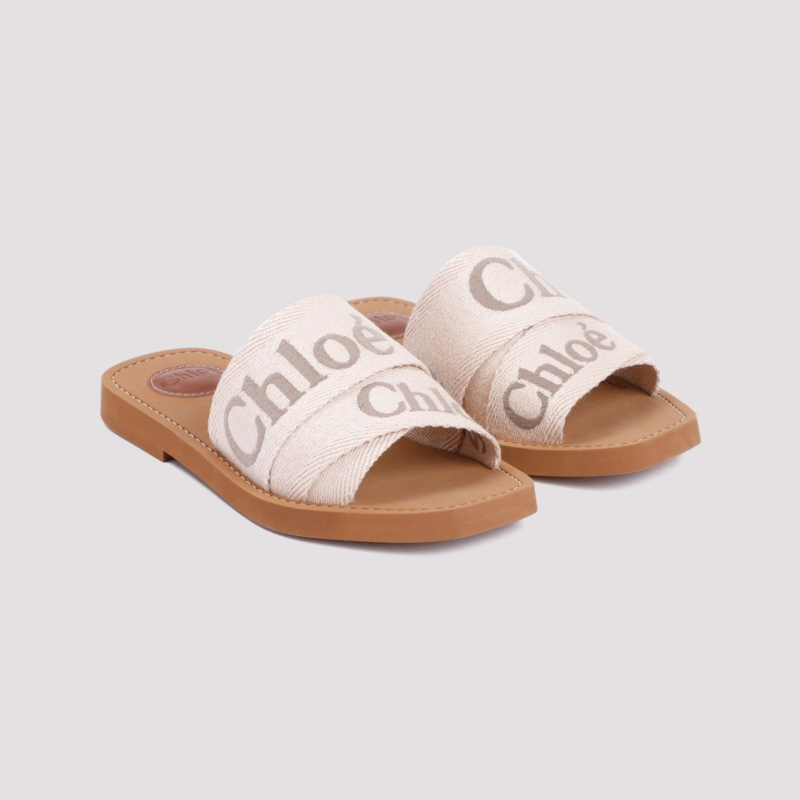 Chloé Blushy Beige Linen Mules With Logo Print