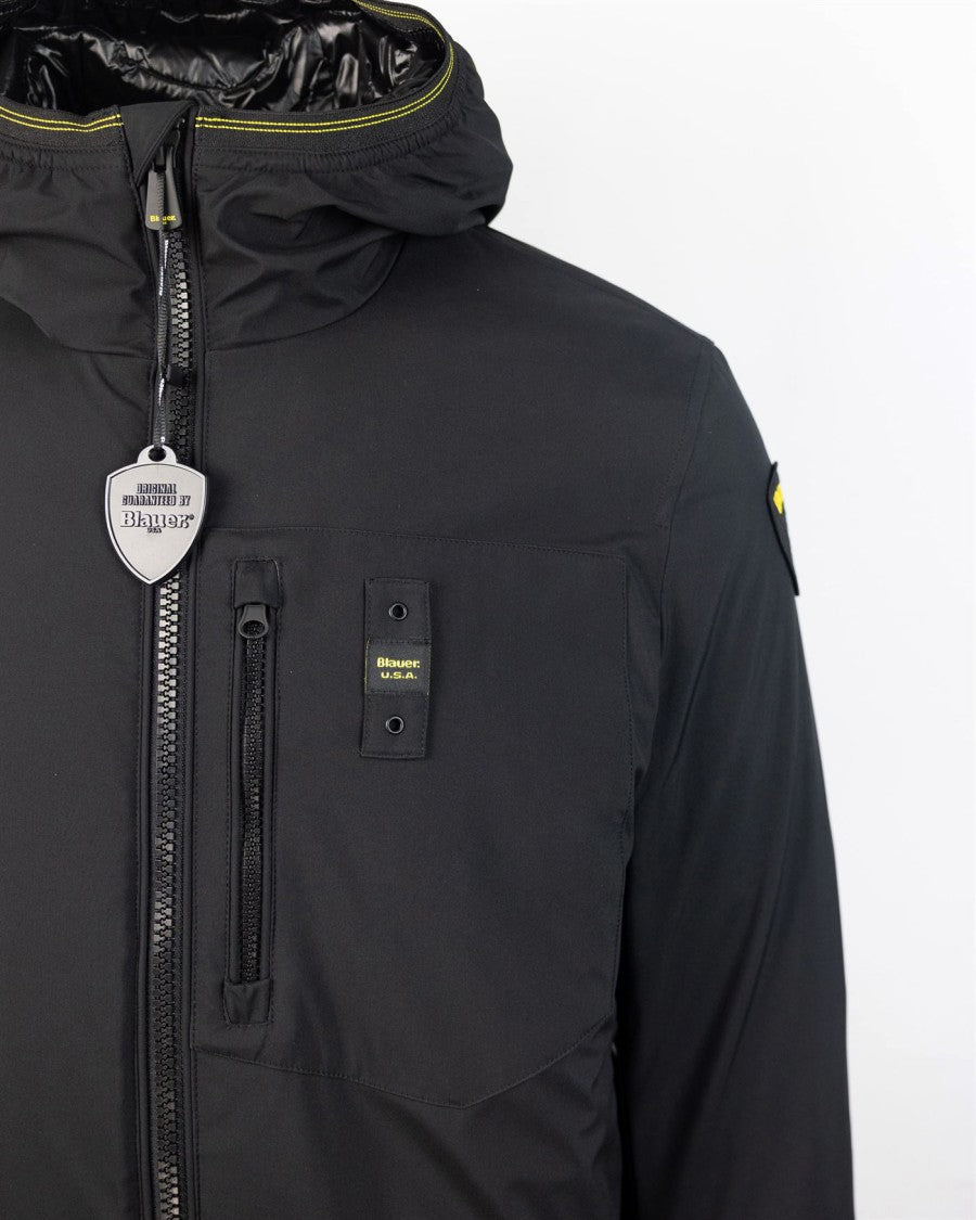 Blauer Monochromatic Light Neoprene Puffer Jacket With Hood And Functional Pockets