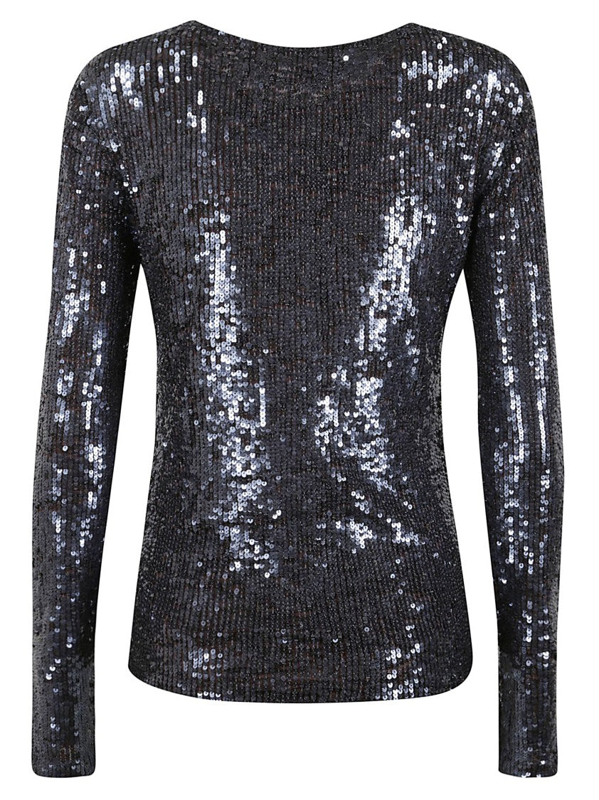 P.A.R.O.S.H. Sequin-Embroidered Dark Brown Tulle Blouse With Fitted Silhouette