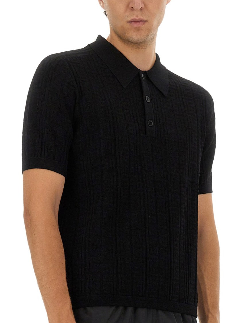Balmain Textured Black Knitted Polo With Classic Collar
