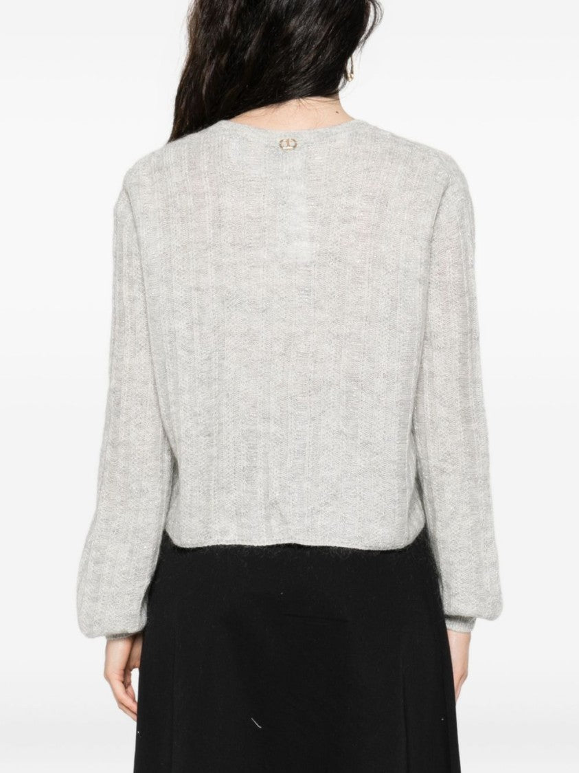 Twin-Set Cropped V-Neck Sweater With Balloon Sleeves And Textured Knit