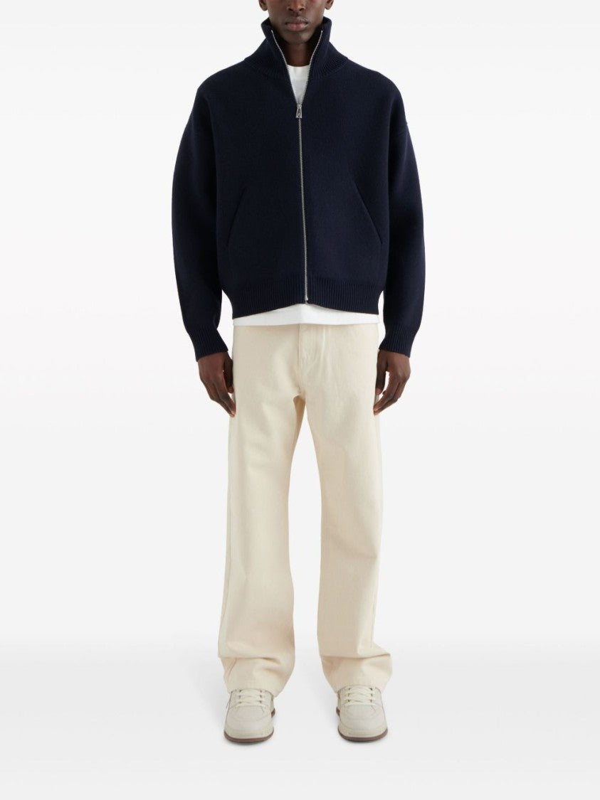 Axel Arigato High Neck Wool Blend Cardigan With Zip Fastening And Ribbed Detailing